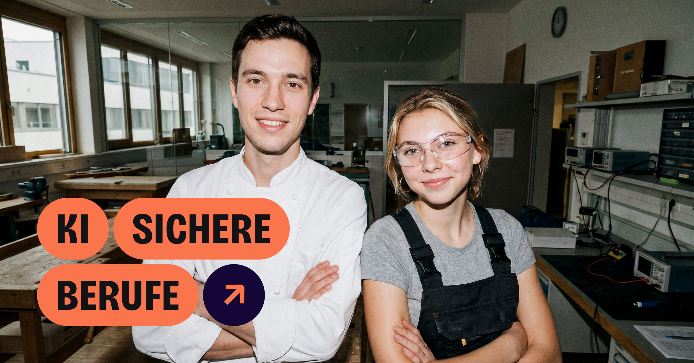 Ein Koch und eine Handwerkerin mit Schutzbrille stehen lächelnd mit verschränkten Armen in einer Werkstatt.