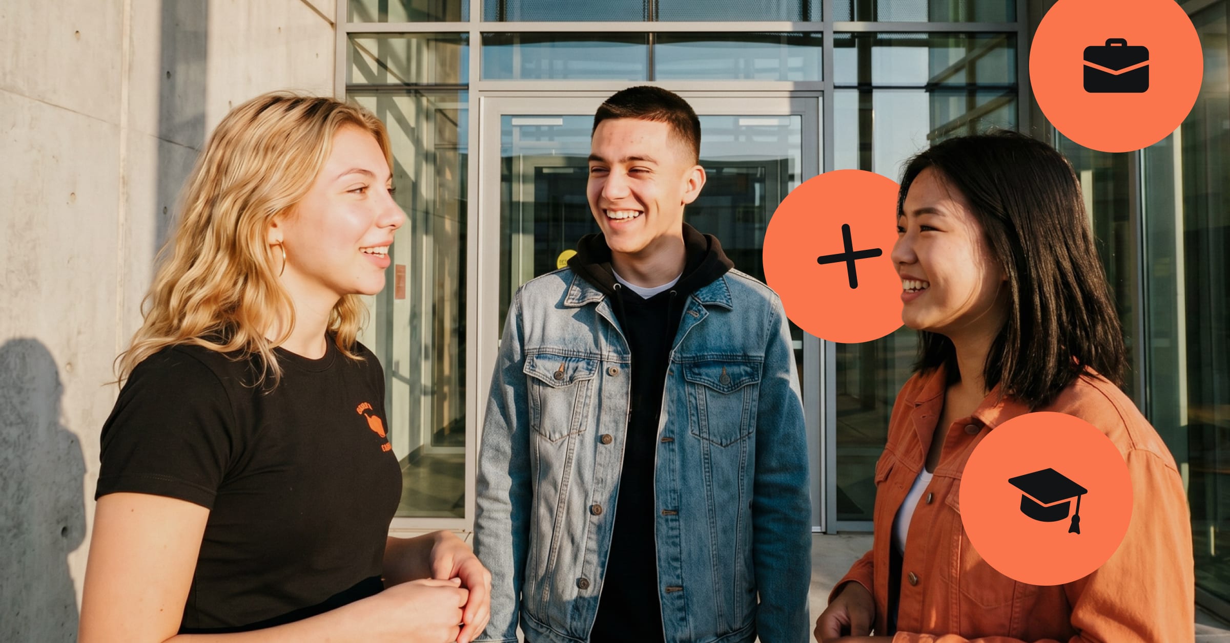 Drei junge Menschen unterhalten sich lachend vor einem Glasgebäude, überlagert von orangefarbenen Grafiken.