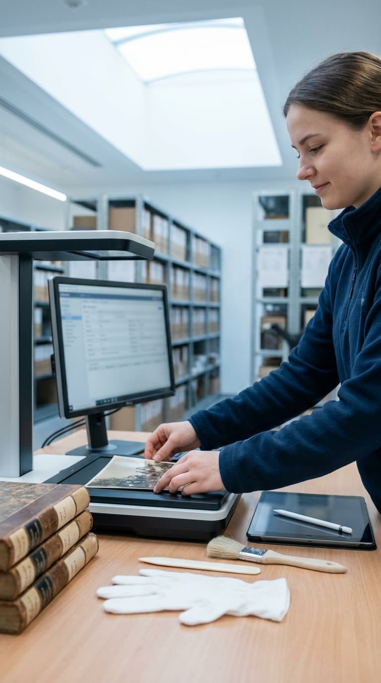 Eine Archivarin digitalisiert ein altes Foto an einem Buchscanner im Archiv.