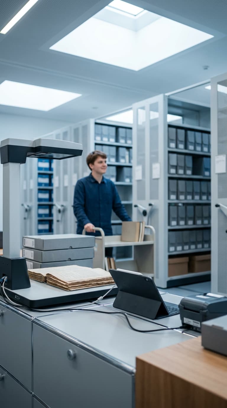 Ein Archivar schiebt einen Wagen durch das Archiv, im Vordergrund steht ein Buchscanner mit einem geöffneten alten Buch.