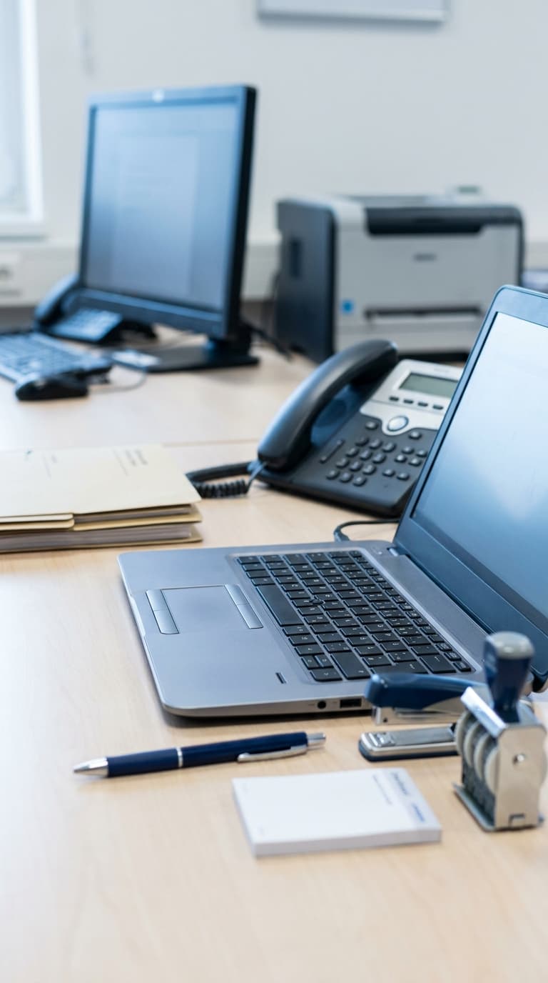 Ein Schreibtisch mit Laptop, Telefon, Stift, Notizblock und einem Computerbildschirm im Hintergrund.