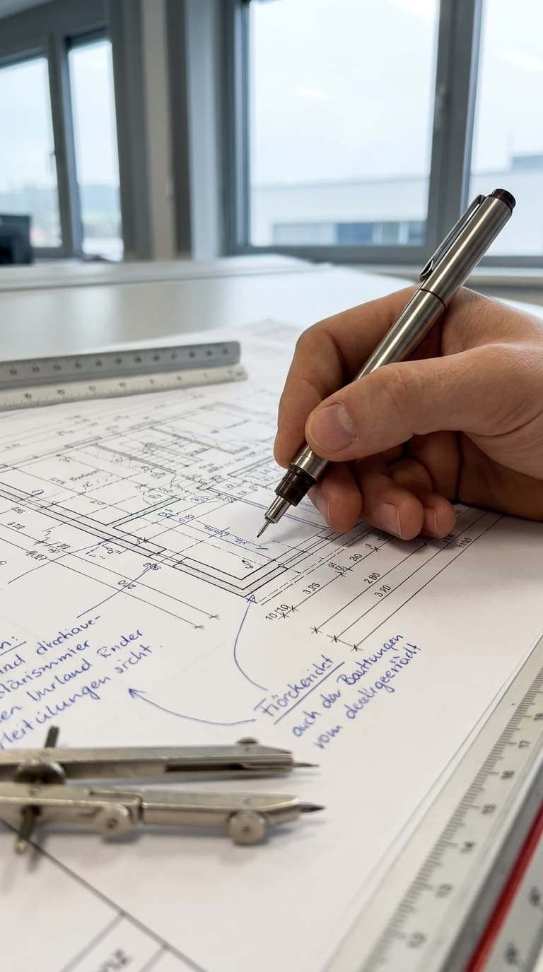 Eine Hand zeichnet mit einem Druckbleistift auf einem Bauplan, umgeben von einem Zirkel und Linealen.