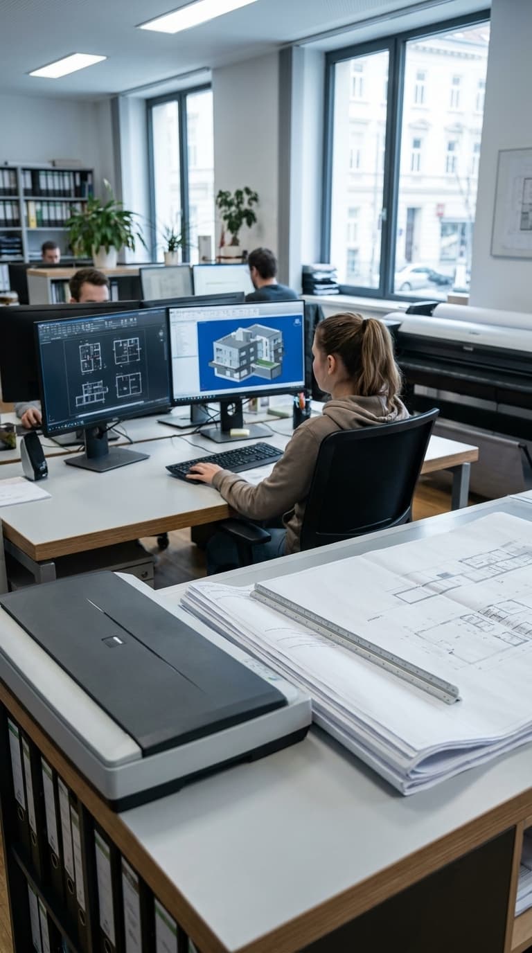 Eine Bauzeichnerin arbeitet am Computer mit CAD-Software an Gebäudeplänen, im Vordergrund liegen ausgedruckte Pläne.