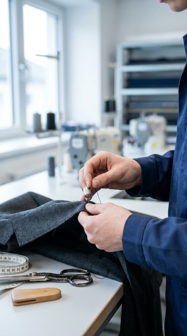 Ein Schneider näht mit Nadel und Fingerhut von Hand ein graues Kleidungsstück in einer Werkstatt.