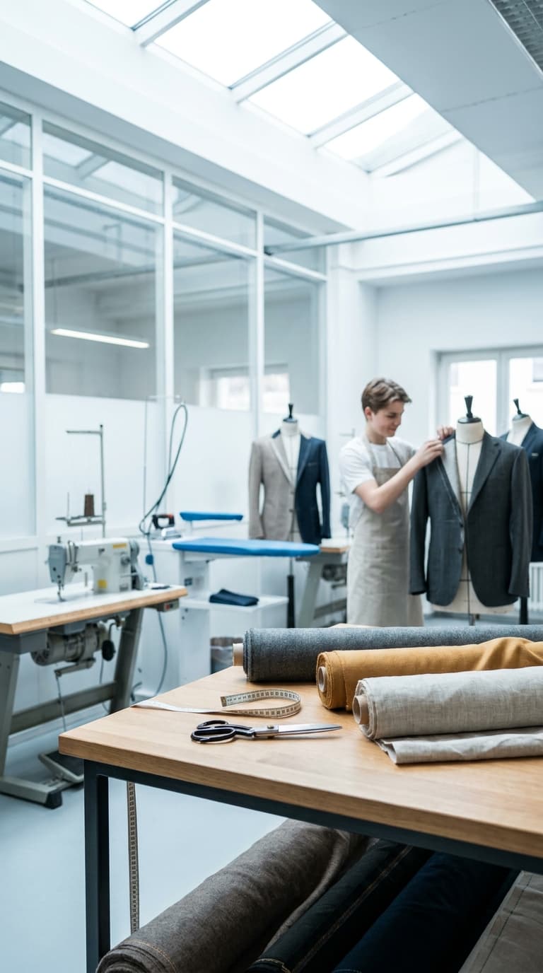 Lehrling im Schneiderhandwerk passt in einer hellen Werkstatt eine Anzugjacke an einer Schneiderpuppe an.