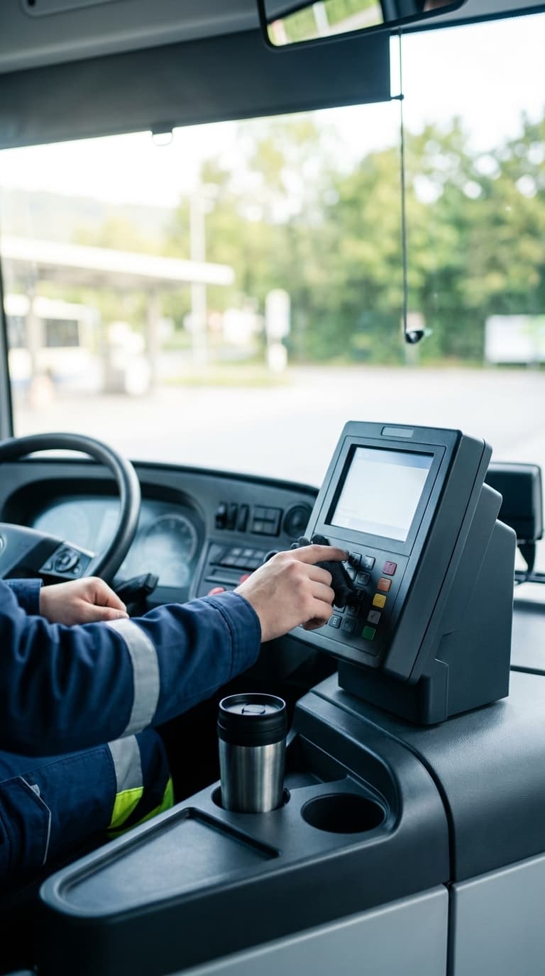 Ein Busfahrer bedient im Cockpit eines Busses das elektronische Ticketterminal neben dem Lenkrad.