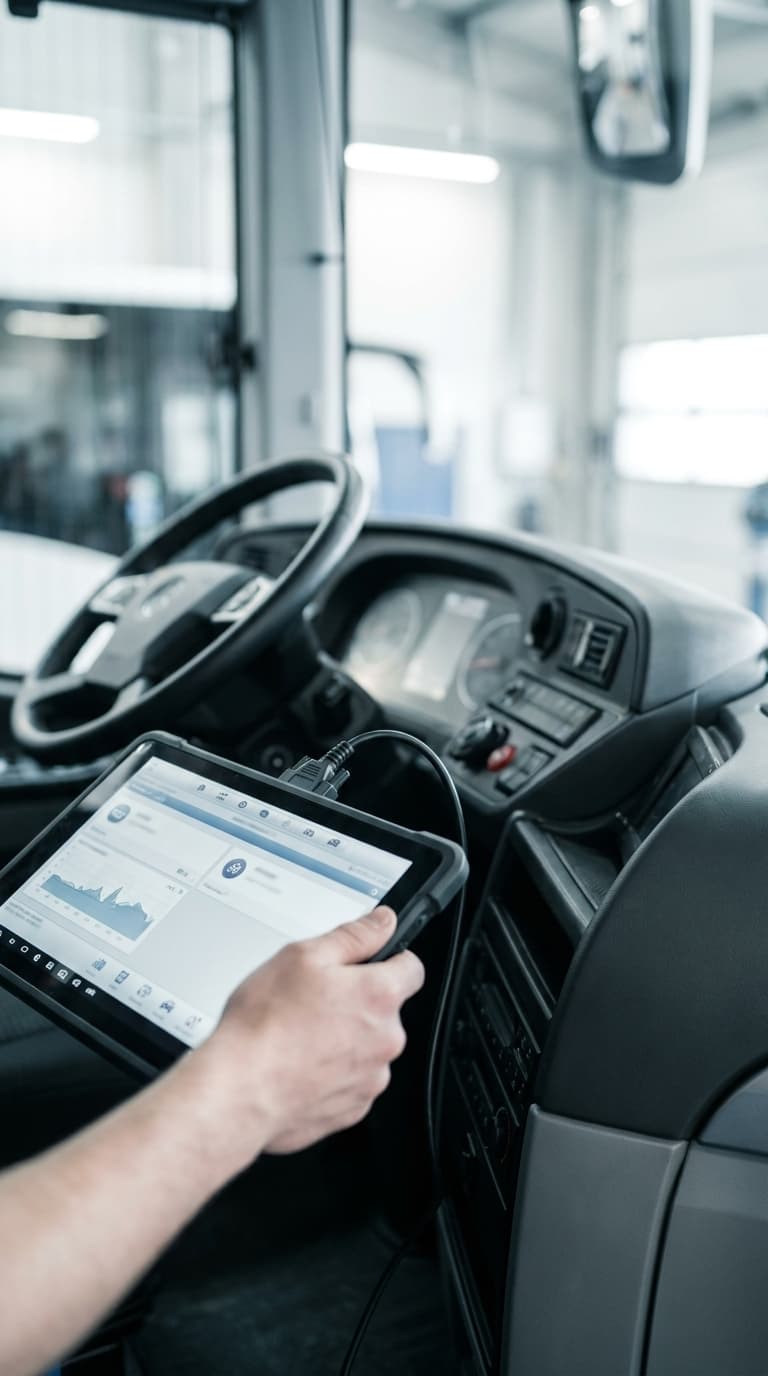 Eine Hand hält ein Diagnosetablet beim Auslesen von Daten im Cockpit eines Busses.