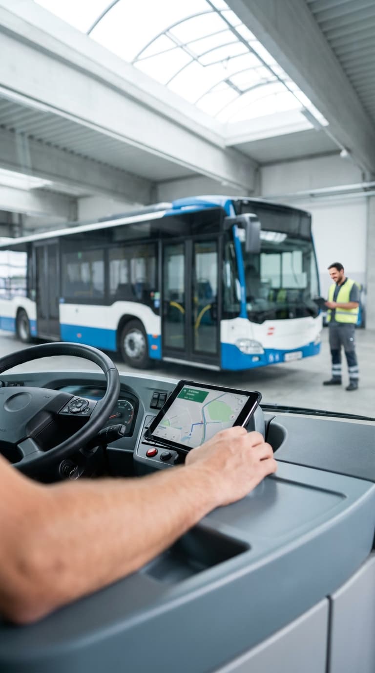Ein Busfahrer bedient am Lenkrad ein Tablet; im Hintergrund steht ein Mitarbeiter in einer Halle neben einem Linienbus.