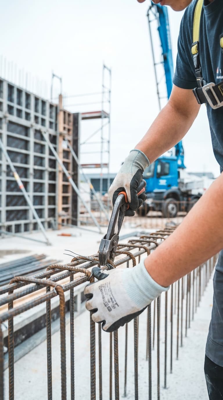 Ein Betonbauer verbindet auf einer Baustelle Bewehrungsstahl mit einer Monierzange und Draht.