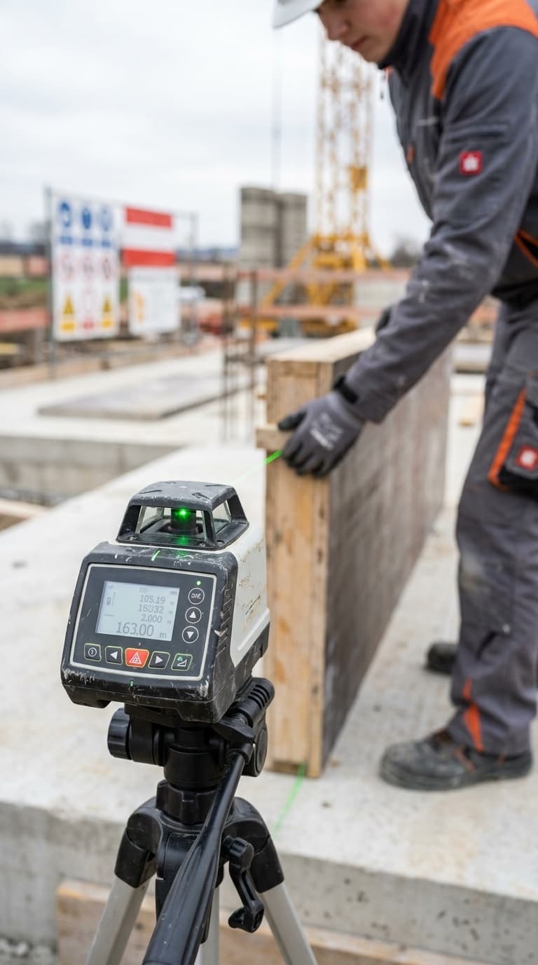 Ein Bauarbeiter richtet eine Schalungswand mit einem grünen Baulaser auf einer Baustelle aus.