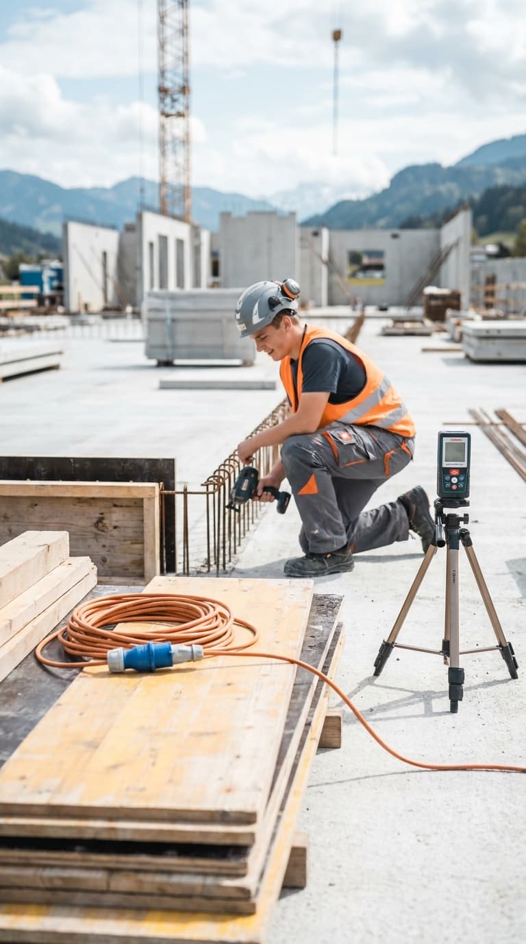 Bauarbeiter arbeitet kniend mit einem Akkuschrauber an Bewehrungsstahl auf einer Baustelle.