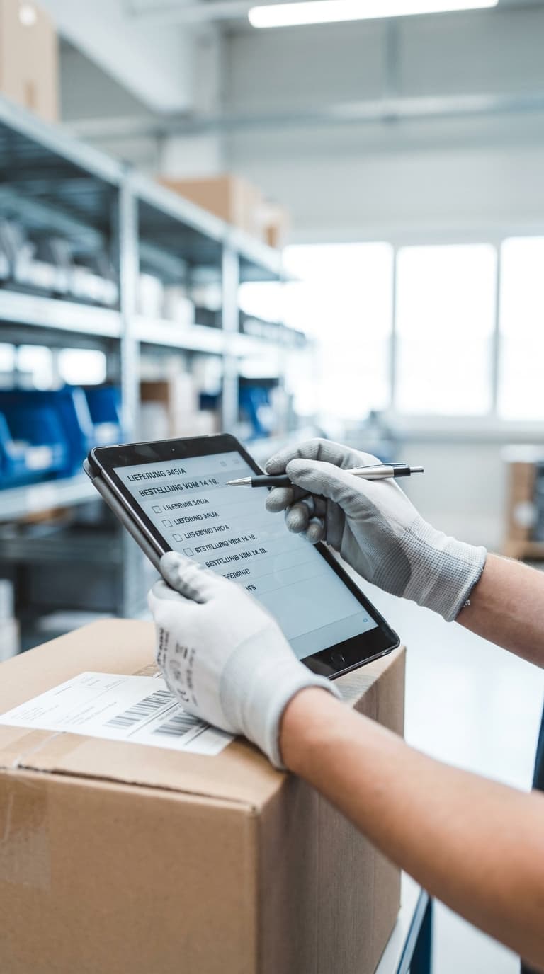 Eine Lagerkraft prüft mit Handschuhen eine digitale Liste auf einem Tablet über einem Paket im Lager.