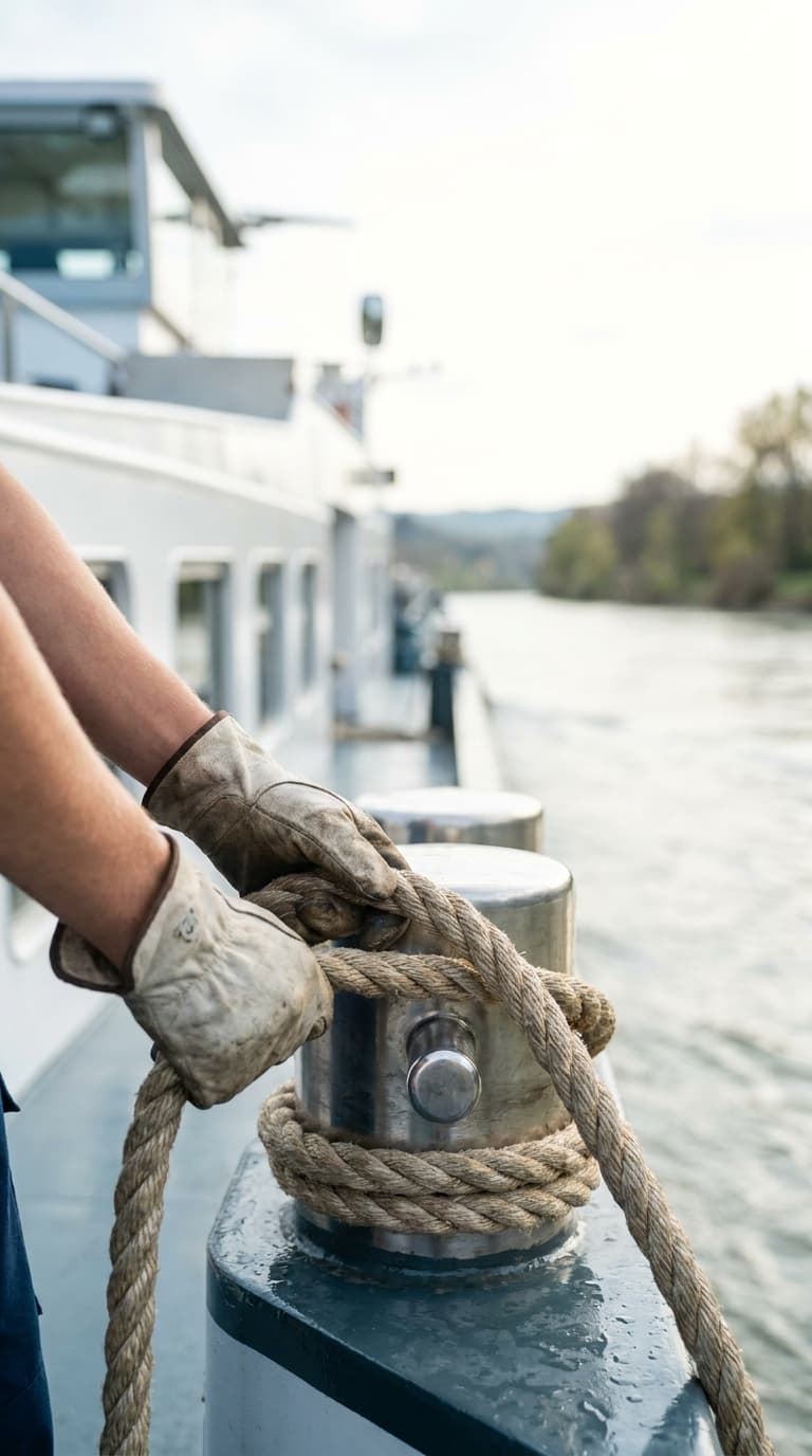 Ein Binnenschiffer legt ein dickes Tau um einen Poller auf einem Schiff im Fluss.
