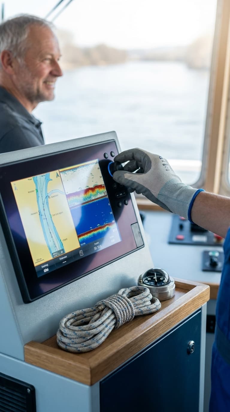 Ein Binnenschiffer bedient das Navigationsgerät auf der Brücke, im Hintergrund lächelt ein Kollege.