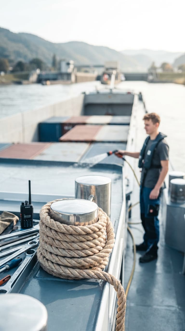 Ein Lehrling spritzt das Deck eines Frachtschiffs mit einem Wasserschlauch sauber.