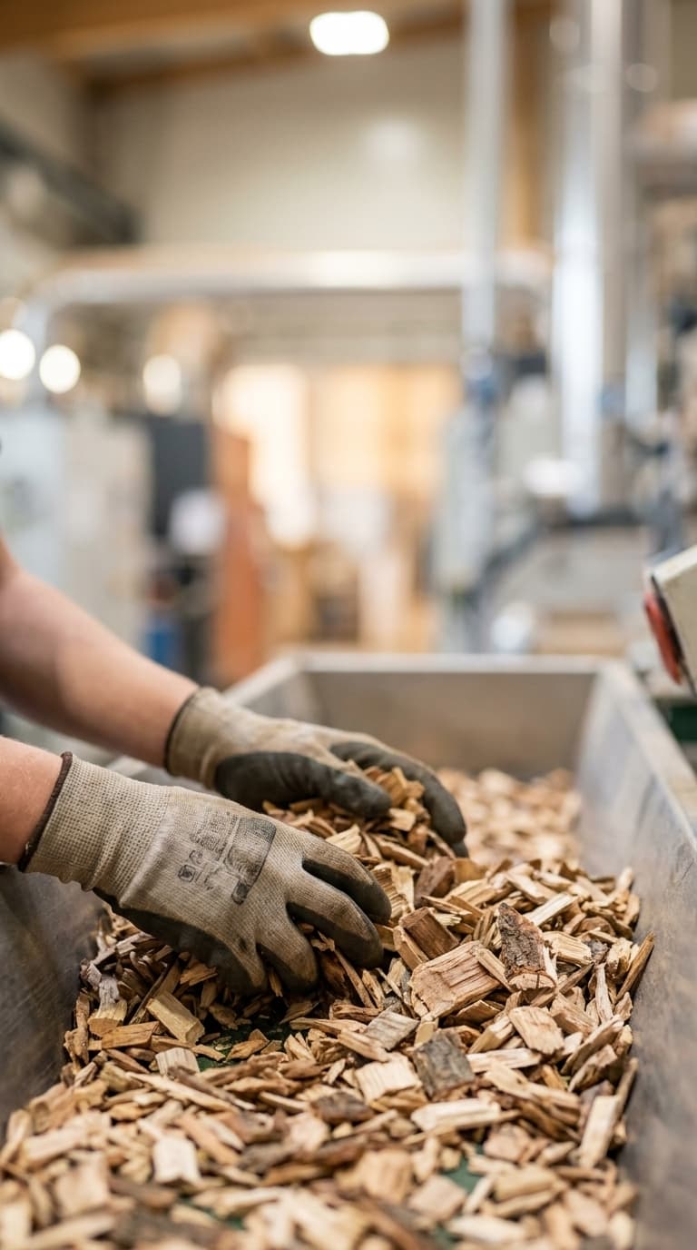 Eine Person mit Arbeitshandschuhen greift in eine Metallrinne voller Holzhackschnitzel.