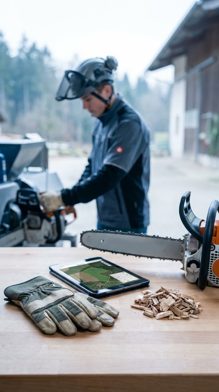 Tablet, Kettensäge und Handschuhe auf einem Tisch, im Hintergrund arbeitet ein Forstwirt in Schutzkleidung.