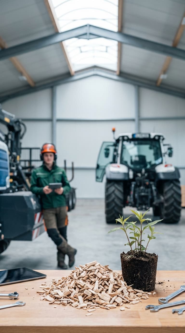 Forstwirt in Arbeitskleidung steht in einer Maschinenhalle vor einer Werkbank mit einer Jungpflanze und Holzspänen.