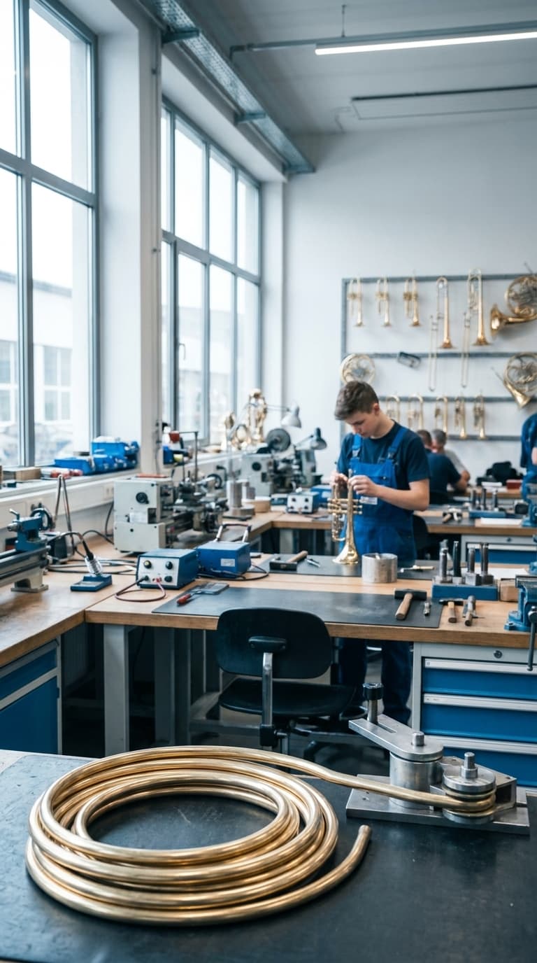 Ein Lehrling im Instrumentenbau arbeitet in der Werkstatt an einer Trompete, im Vordergrund liegt ein Messingrohr.