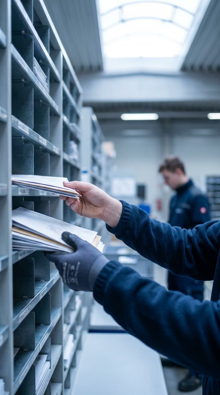 Ein Postmitarbeiter sortiert Briefe in ein graues Sortierregal.