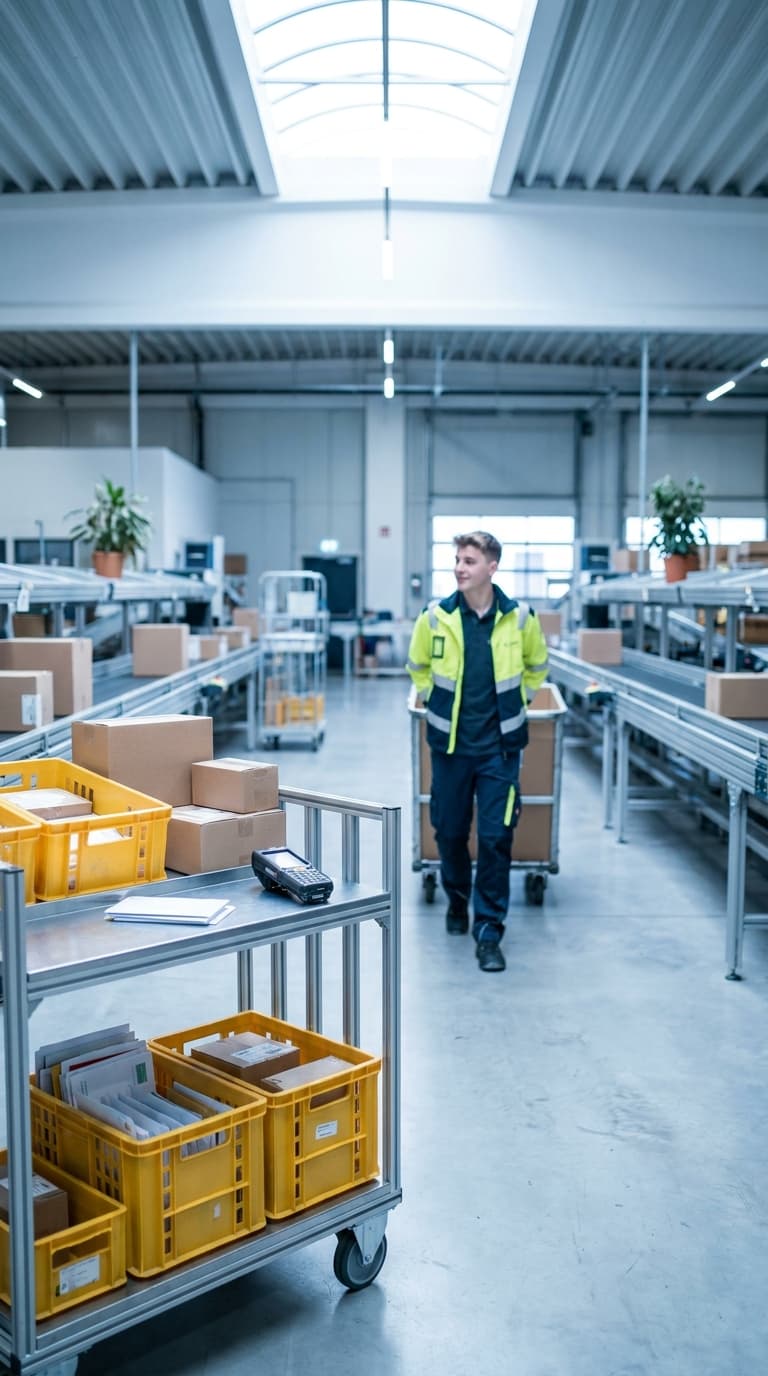 Ein Lagerlogistiker geht mit einem Transportwagen durch eine helle Lagerhalle mit Förderbändern und Paketen.