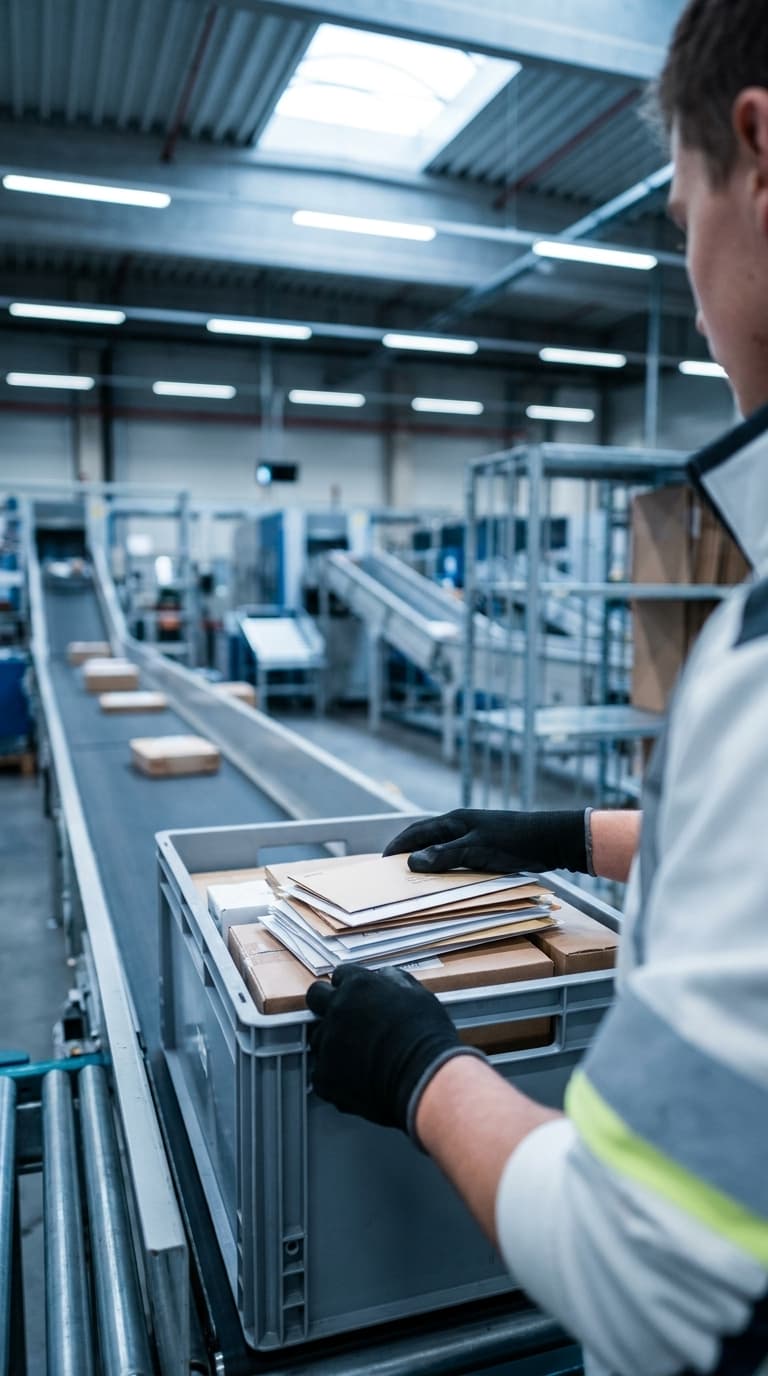 Eine Fachkraft für Lagerlogistik legt Briefe und Pakete in eine Kiste an einem Förderband.