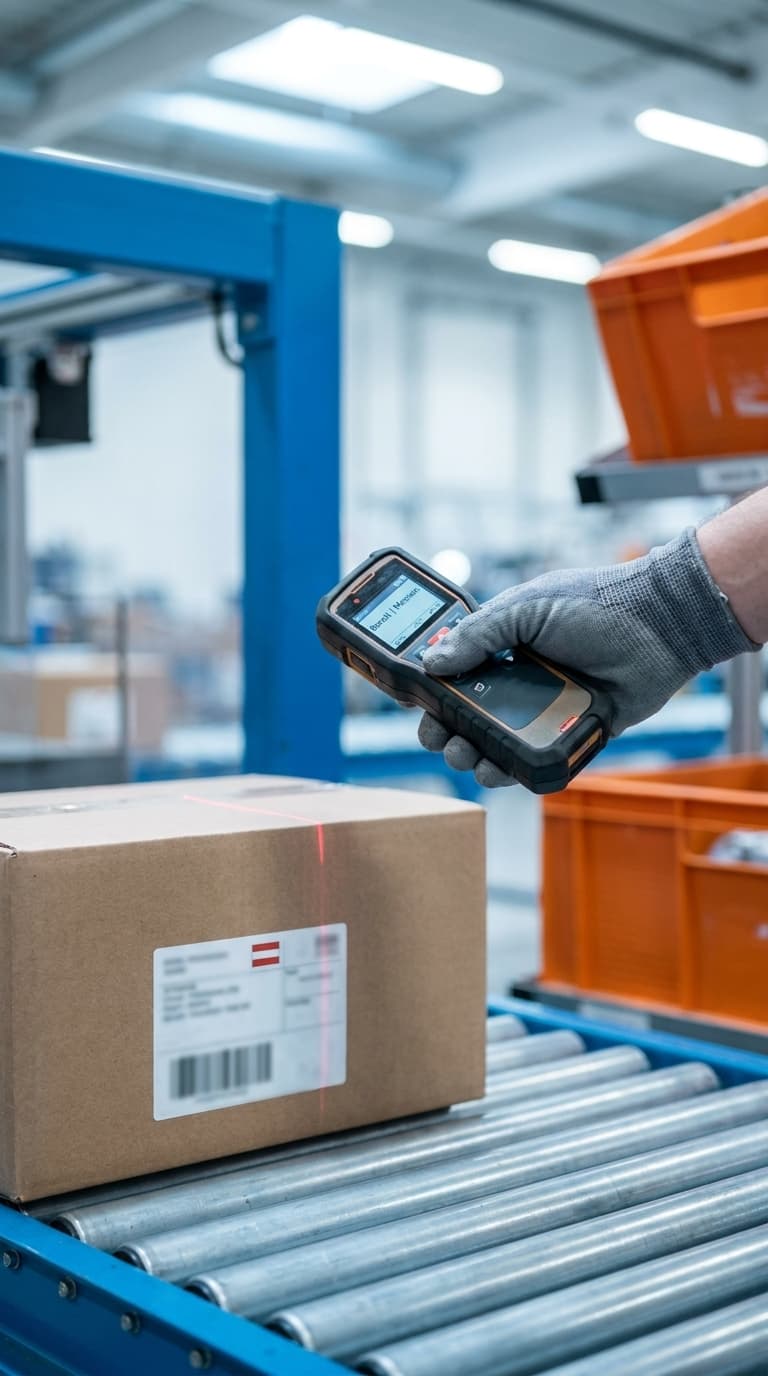 Eine Hand im Arbeitshandschuh scannt mit einem Handscanner ein Paket auf einer Rollenbahn.