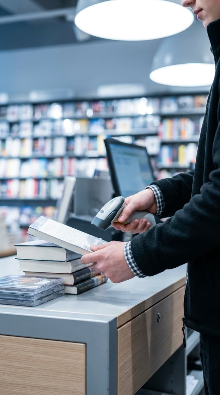 Ein Bibliotheksmitarbeiter scannt mit einem Handscanner den Barcode eines Buches an einer Kasse.