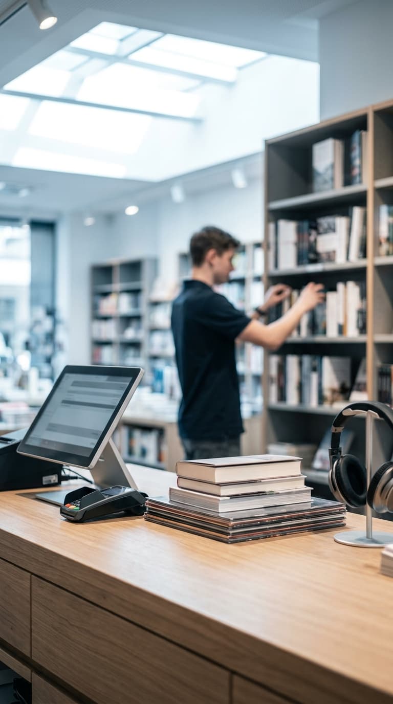 Ein Buchhändler sortiert Bücher im Regal hinter einer hölzernen Ladentheke mit Kasse, Buchstapel und Kopfhörern.
