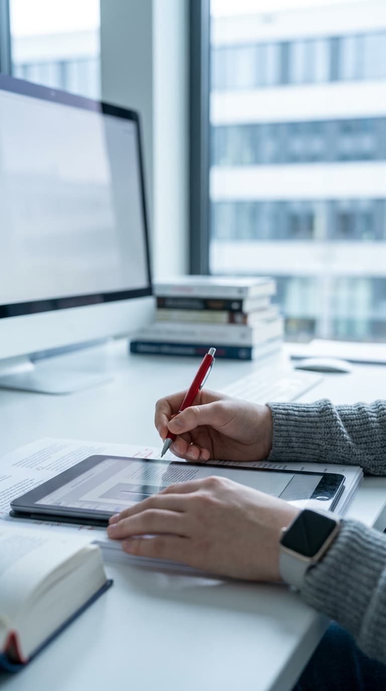 Eine Person schreibt mit einem roten Stift auf einem Tablet an einem Schreibtisch mit Monitor und Büchern.