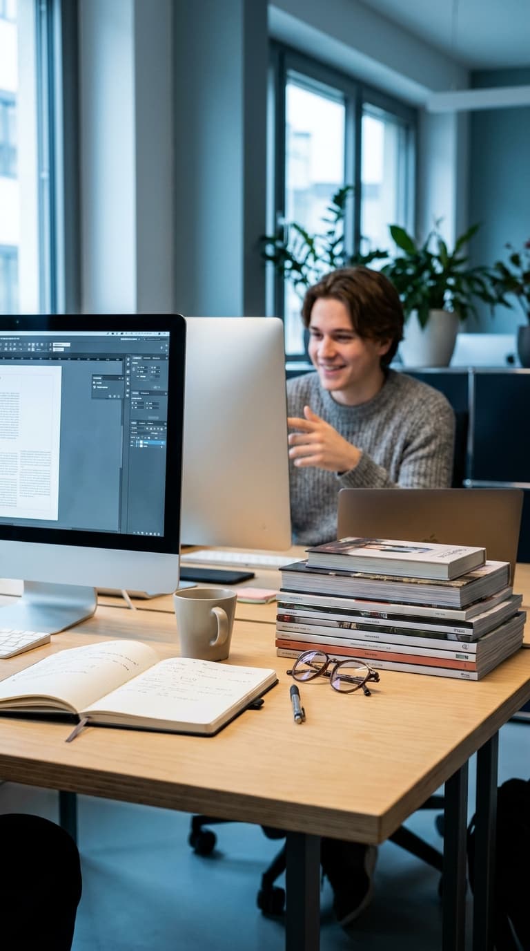 Ein lächelnder Grafikdesigner sitzt im Büro vor zwei Monitoren an einem Schreibtisch mit Notizbuch und Kaffeetasse.