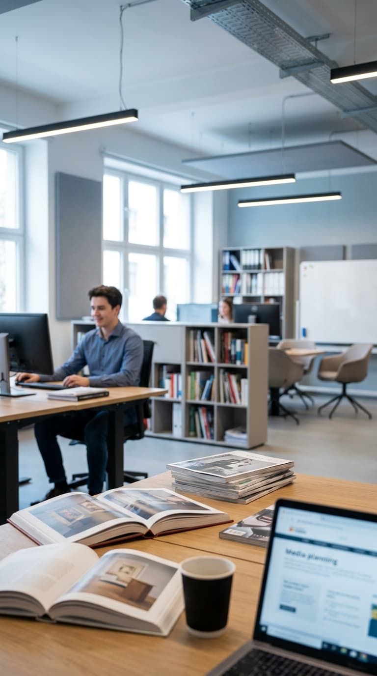 Ein Mann arbeitet am Computer im Großraumbüro, im Vordergrund liegen aufgeschlagene Bücher und ein Laptop.