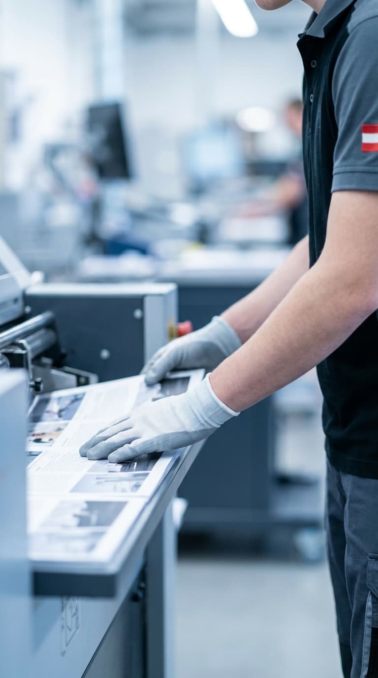 Ein Drucker prüft mit Handschuhen frisch gedruckte Seiten an einer Druckmaschine.