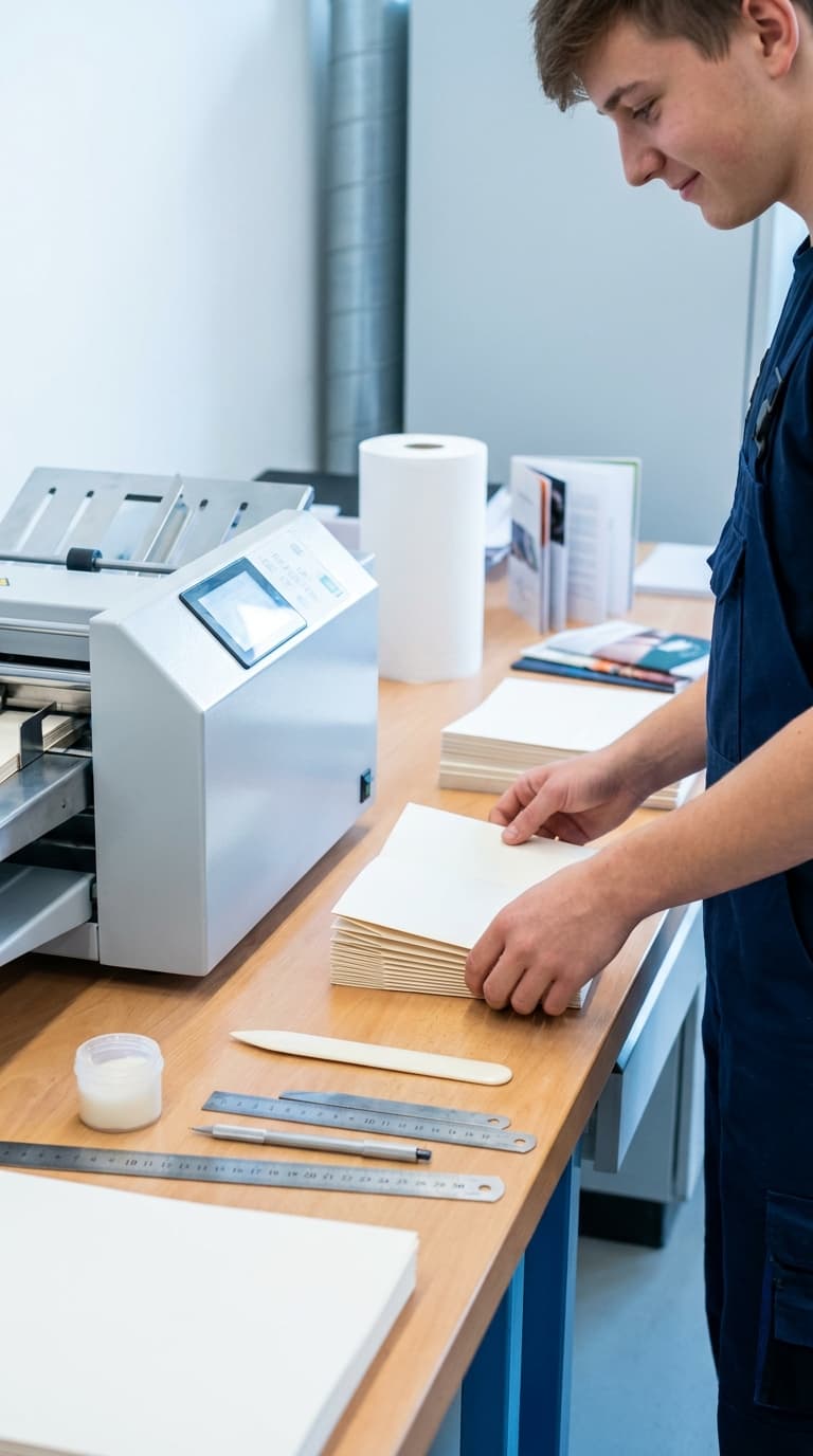 Ein Buchbinderlehrling in Arbeitskleidung faltet Papier an einer Werkbank neben einer Buchbindemaschine.