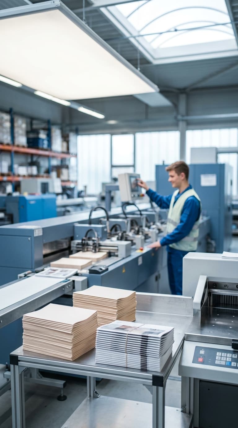 Ein Drucker bedient das Steuerpult einer großen Druckmaschine in einer hellen Fabrikhalle.