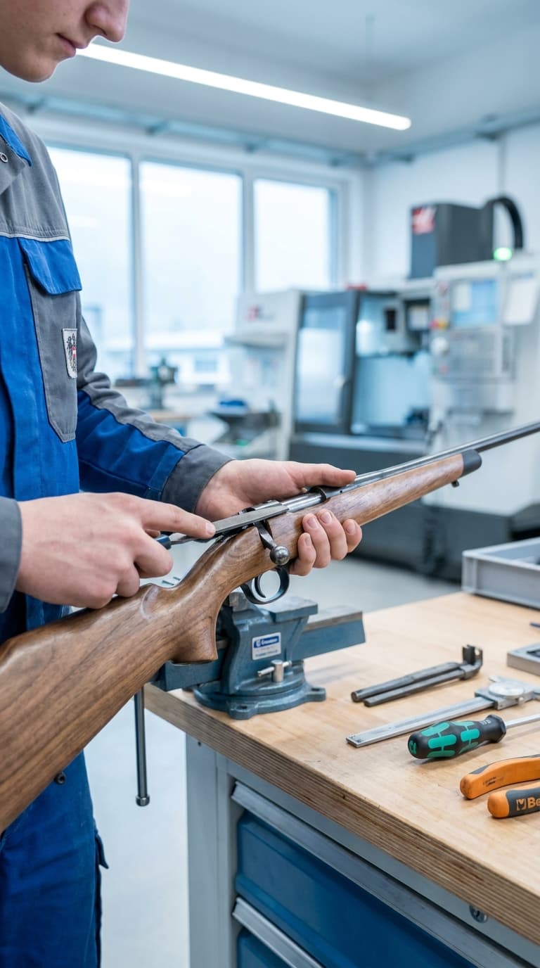 Ein Büchsenmacher bearbeitet ein Holzgewehr mit einer Feile an einer Werkbank.