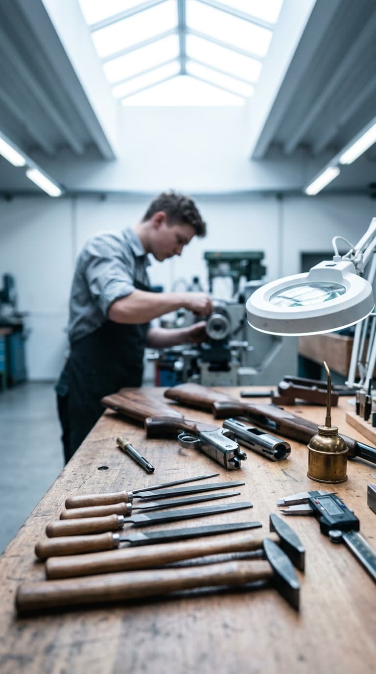 Ein Büchsenmacher arbeitet im Hintergrund an einer Maschine; vorn auf der Werkbank liegen Gewehrteile und Werkzeuge.