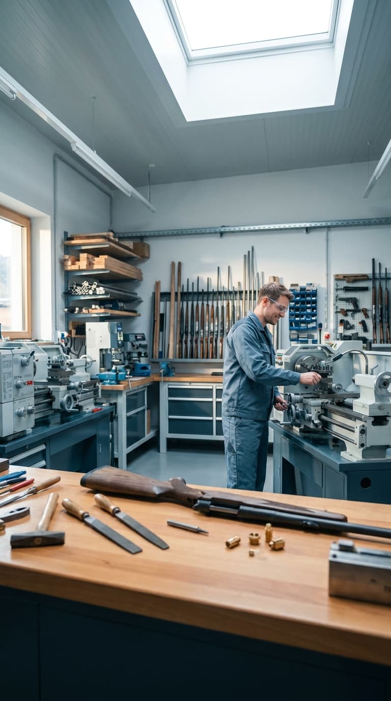 Ein Büchsenmacher arbeitet an einer Drehbank in einer Werkstatt, auf der Werkbank davor liegt ein Gewehr.
