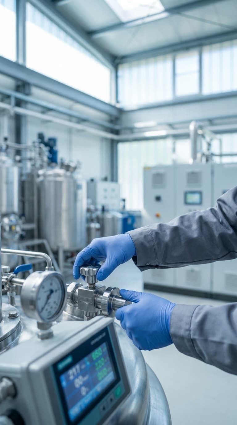 Eine Fachkraft mit blauen Schutzhandschuhen reguliert ein Ventil an einer Industrieanlage aus Edelstahl.