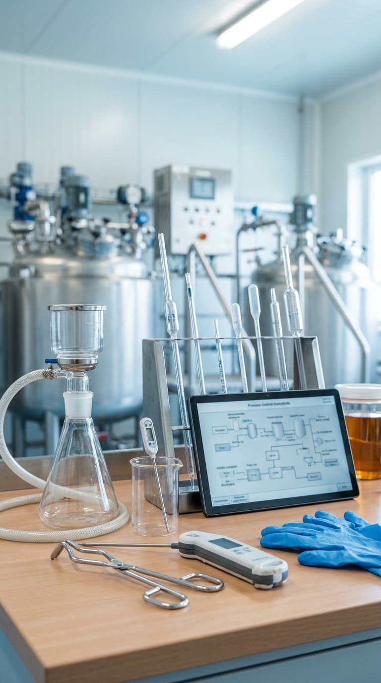 Glaskolben, Thermometer und ein Tablet auf einem Arbeitstisch vor industriellen Edelstahltanks.
