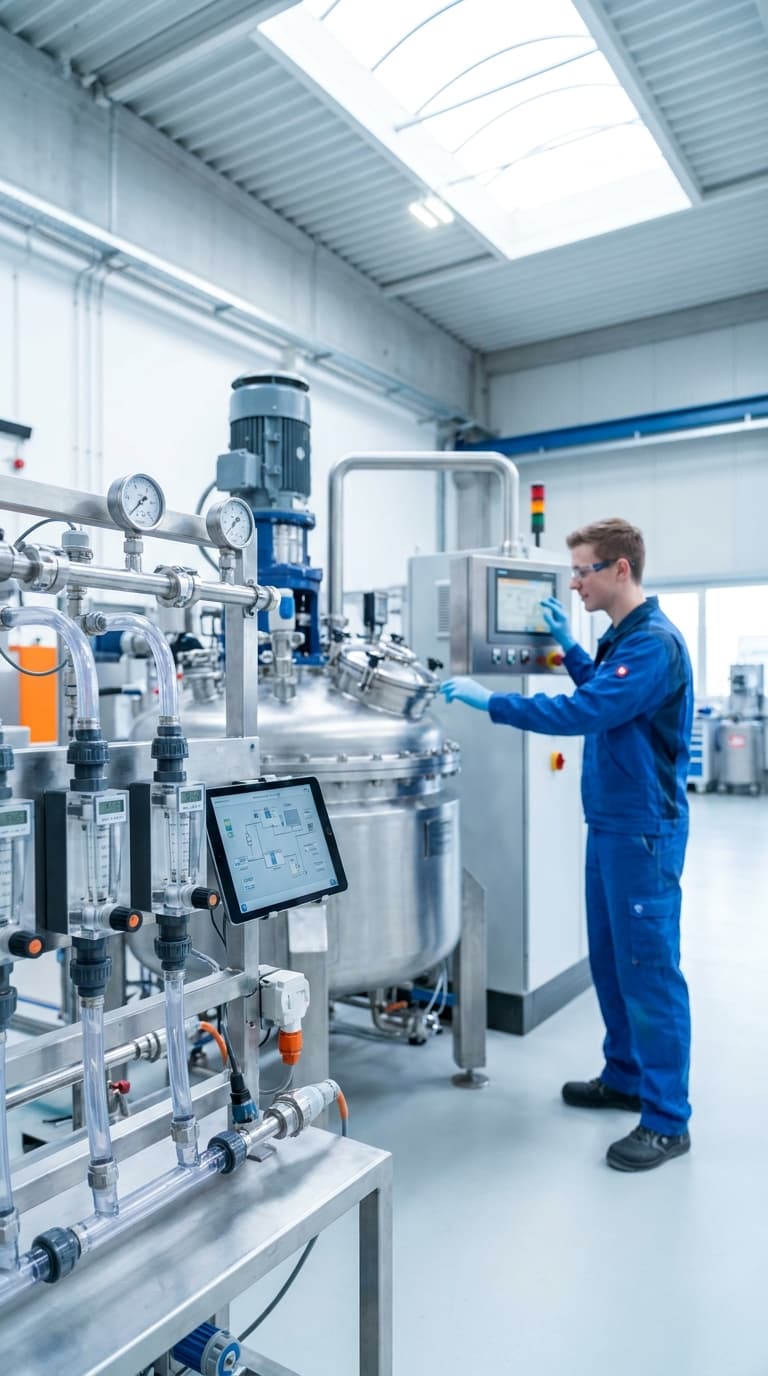 Ein Chemikant im blauen Arbeitsanzug bedient das Touchpanel einer Industrieanlage.