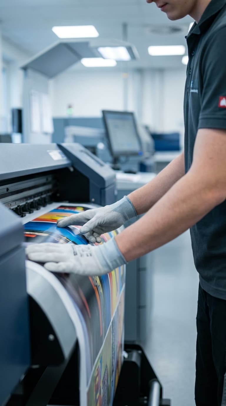 Ein Drucker mit Schutzhandschuhen kontrolliert ein frisch gedrucktes Plakat an einer großen Druckmaschine.