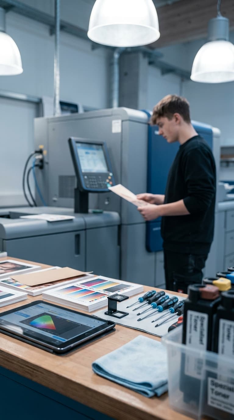 Ein Drucker prüft einen Probeabzug an einer Digitaldruckmaschine neben einem Tisch mit Farbtafeln und Werkzeugen.