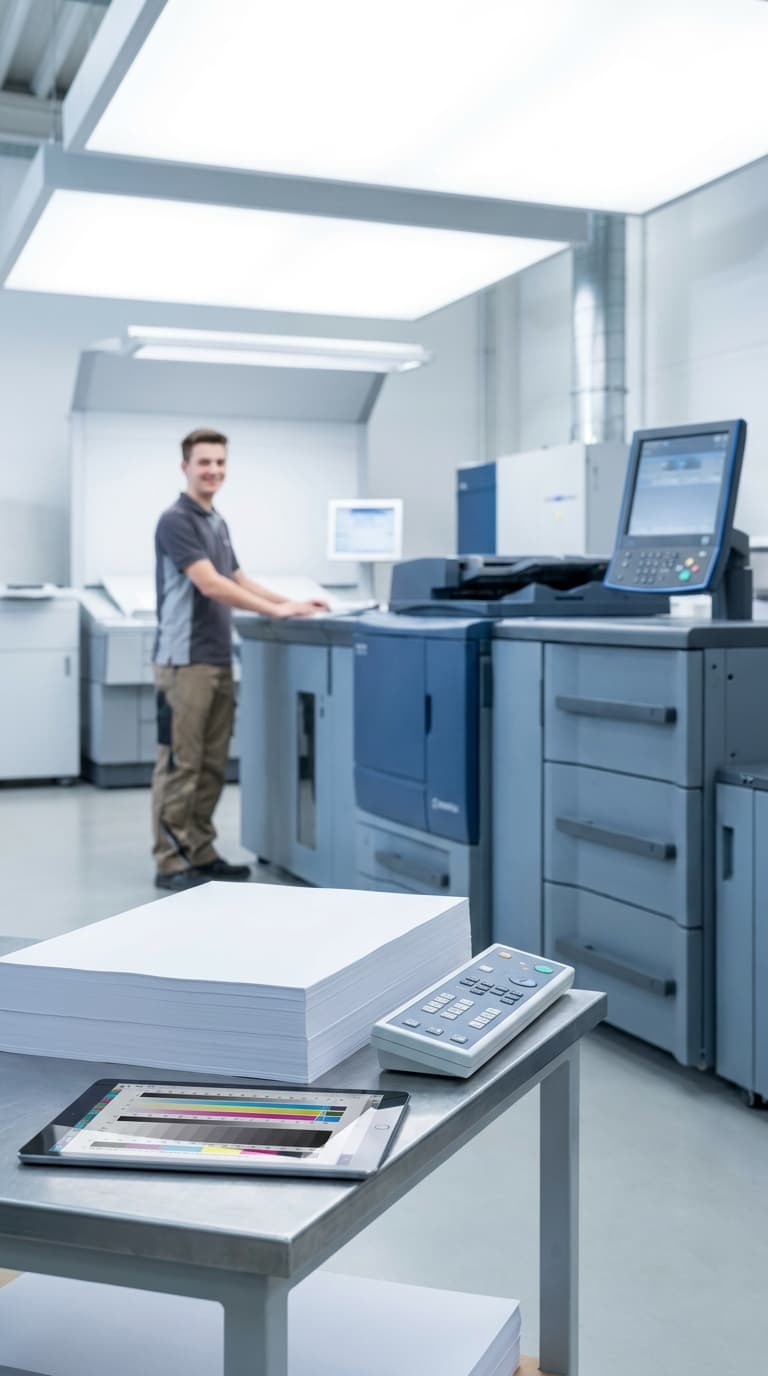 Ein Lehrling für Medientechnologie bedient eine Digitaldruckmaschine, im Vordergrund liegt ein Stapel Papier.