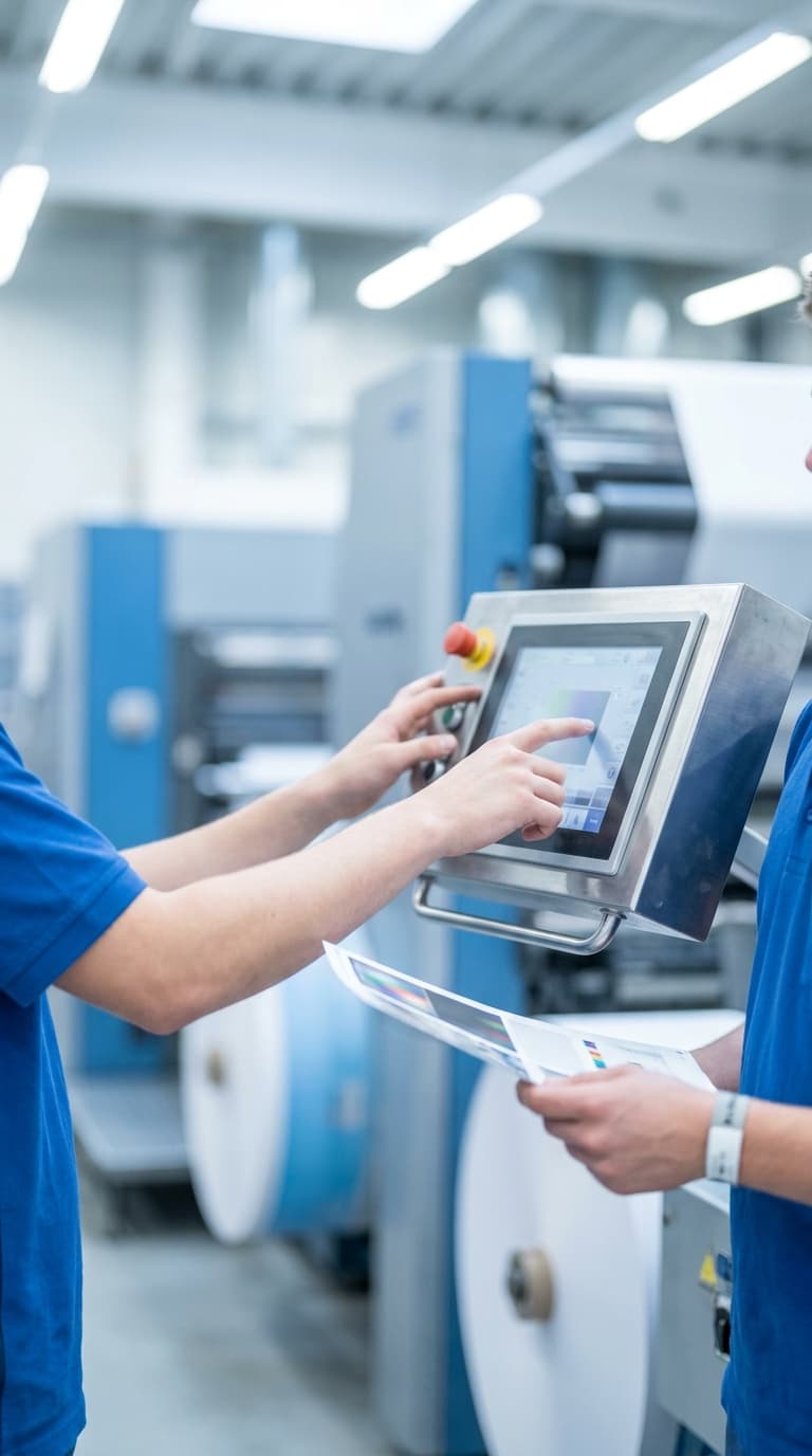 Zwei Drucker bedienen den Touchscreen einer Druckmaschine und halten einen gedruckten Prüfbogen.