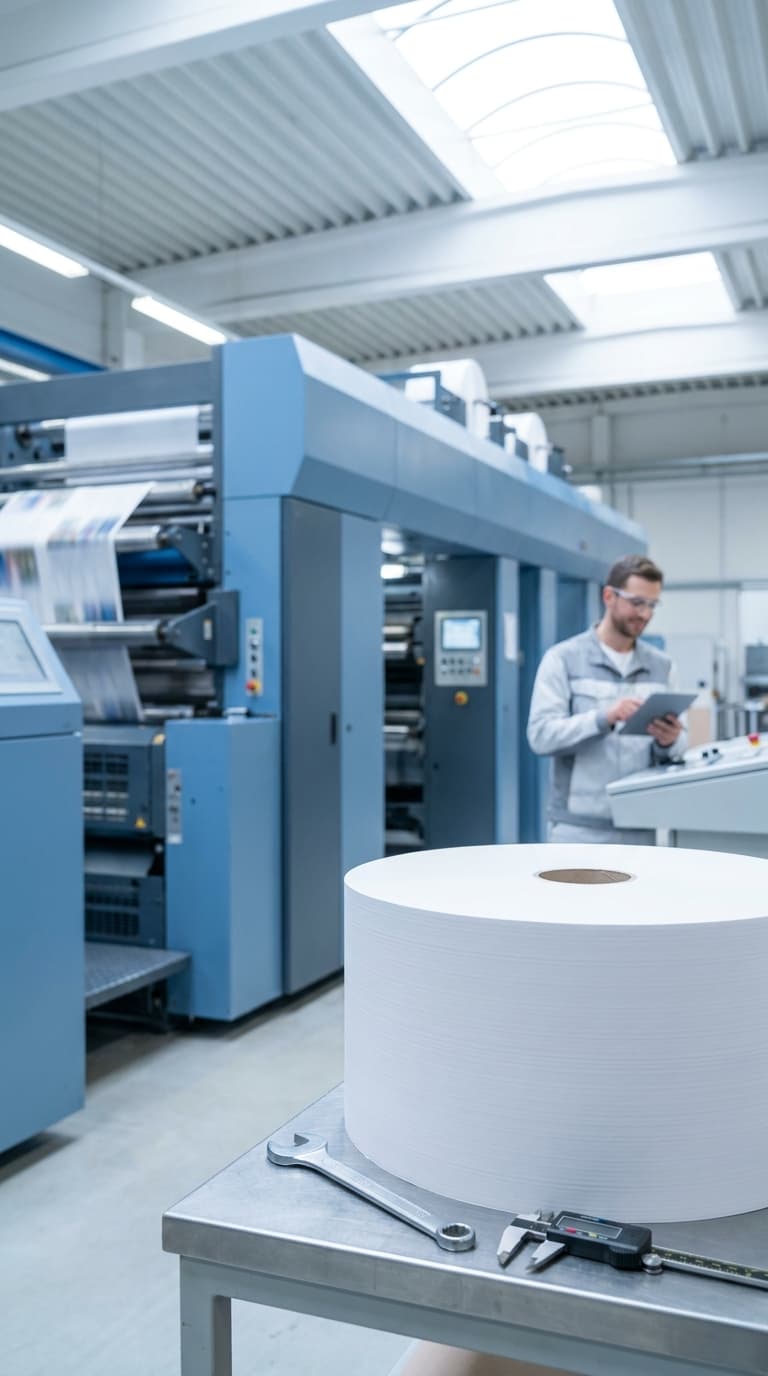 Ein Drucker arbeitet mit Tablet an einer Druckmaschine, im Vordergrund liegen eine Papierrolle und Werkzeuge.