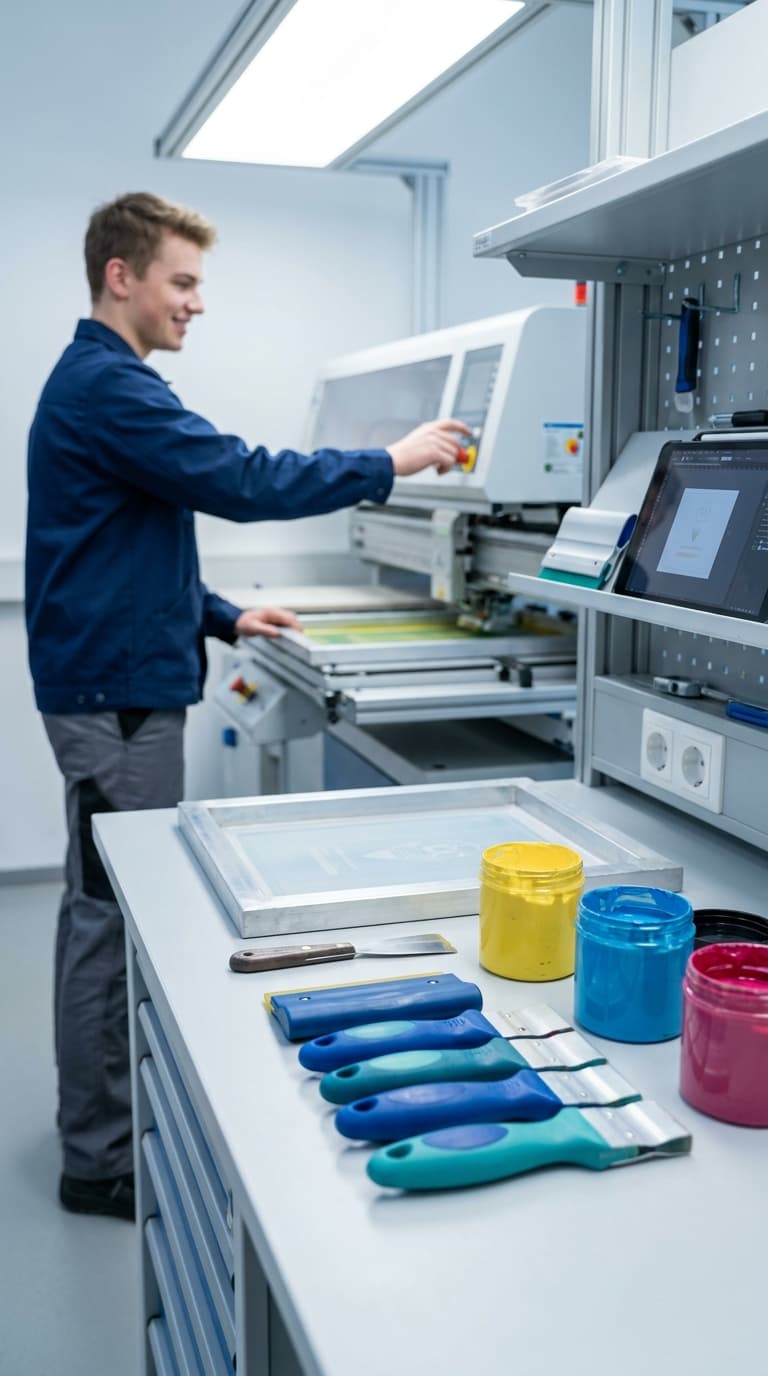 Ein Drucker bedient eine Siebdruckmaschine, auf der Werkbank davor stehen bunte Farbtöpfe und Rakeln.