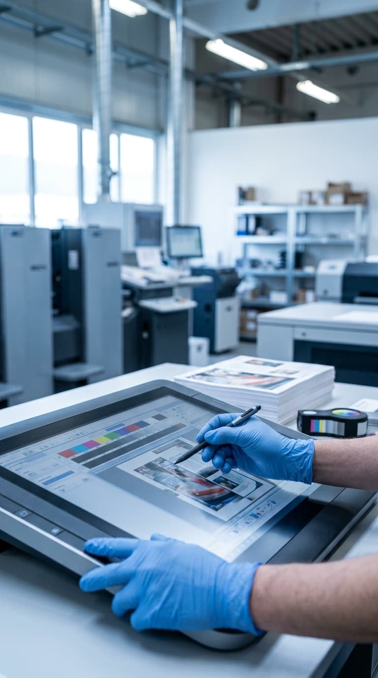 Drucker mit blauen Handschuhen prüft ein Layout mit einem Stift auf einem Touchscreen in einer Druckerei.