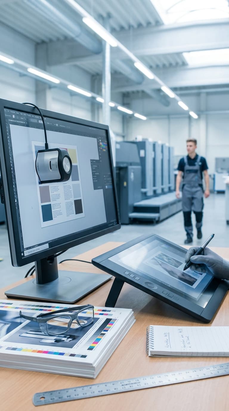 Hand mit Grafikstift auf Grafiktablett vor Monitor, im Hintergrund läuft ein Lehrling durch eine Druckerei.