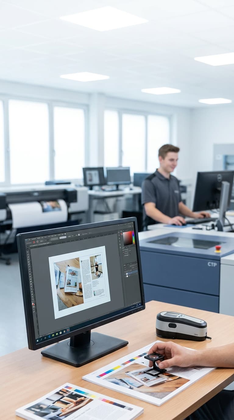 Mediengestalter prüft Probedruck mit Fadenzähler, im Hintergrund arbeitet ein Kollege in einer Druckerei.